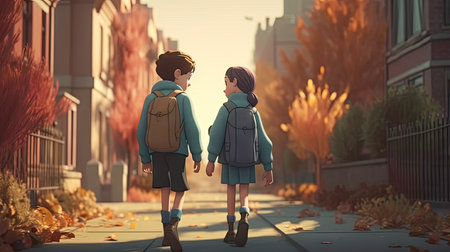 Illustration of a child walking in the middle of a beautiful city, cartoonの素材