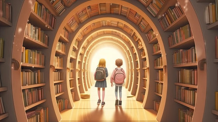 Two little girls looking at a bookcase in a library. 3D renderingの素材