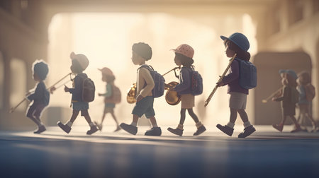 Illustration of a child walking in the middle of a beautiful city, cartoonの素材
