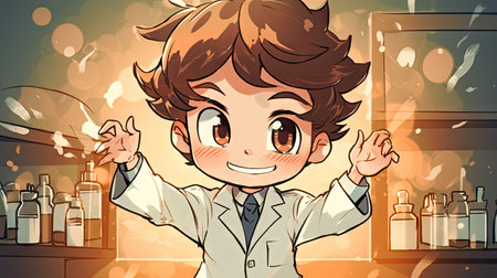 Vector illustration of a boy in a lab coat showing ok sign.の素材