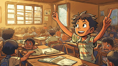 Cartoon illustration of a group of children studying in a classroom.の素材