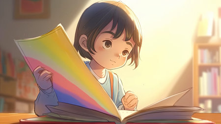 Girl reading a book in the library. Illustration for children.の素材