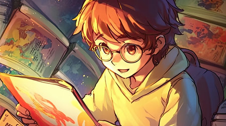 Young boy reading a book in the library. Education concept illustration.の素材