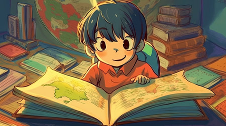 A boy reading a book in his room with a map in the backgroundの素材