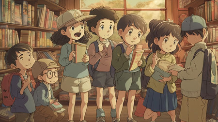 Group of kids reading books in the library - illustration for children.の素材