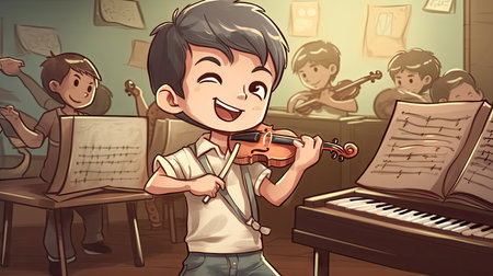 Illustration of a boy playing the violin in front of his classmatesの素材