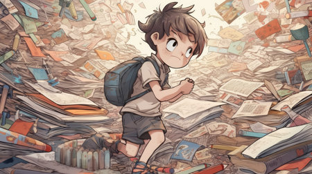 Cartoon of a schoolboy going to school on a pile of booksの素材