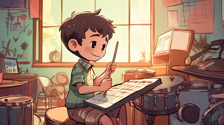 Cartoon boy playing drums in his room. Children's illustration.の素材