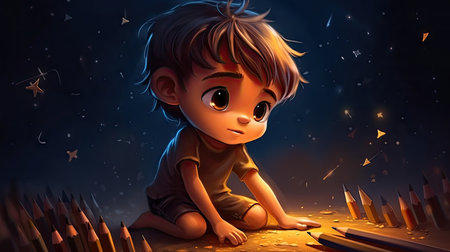 Cartoon illustration of a child holding a pencil to draw, cartoonの素材