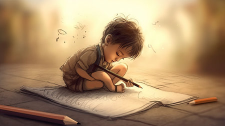 Cartoon illustration of a child holding a pencil to draw, cartoonの素材