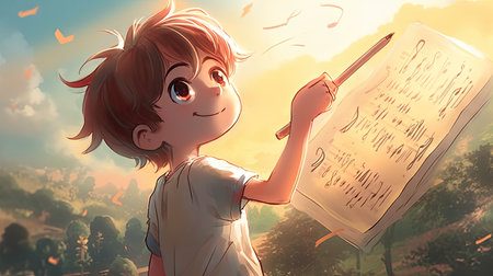 Cartoon illustration of a child holding a pencil to draw, cartoonの素材