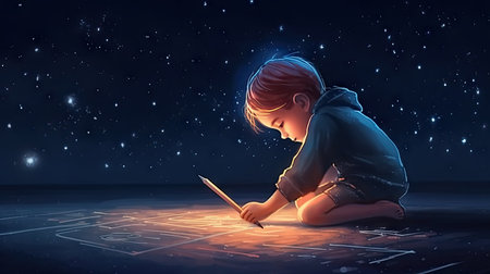 Cartoon illustration of a child holding a pencil to draw, cartoonの素材