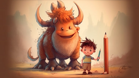 Cartoon illustration of a child holding a pencil to draw, cartoonの素材