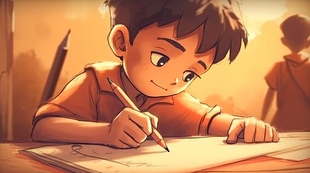 Cartoon illustration of a child holding a pencil to draw, cartoonの素材