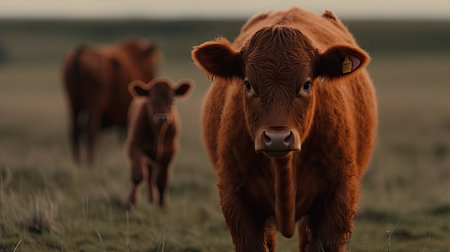 Illustration of a red cow in the wildの素材