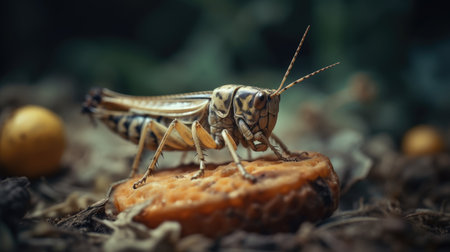 Grasshopper on a piece of dried apricot.の素材