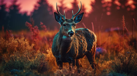 Majestic red deer stag with velvet antlers standing in the field at sunset.の素材