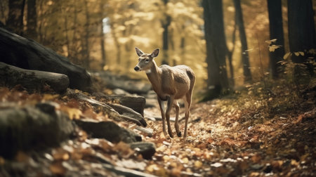 Young white-tailed deer in autumn forest. Filtered image processed vintage effect.の素材