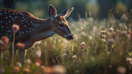 Fallow deer fawn in the meadow with wildflowersの素材