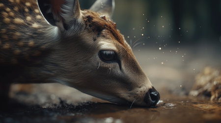 deer in the forest drinking water from a puddle of waterの素材