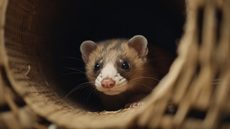 Close-up of a ferret in a wicker basket.の素材
