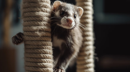 Close-up of a ferret sitting on a rope at homeの素材