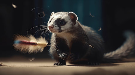 Ferret playing with a feather on a dark background. Selective focus.の素材