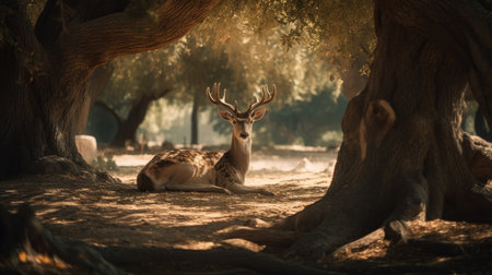 Fallow deer in the shade of an oak tree in the forestの素材