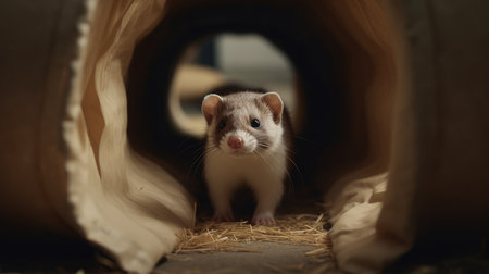 Cute ferret in a wooden house. Close-up.の素材