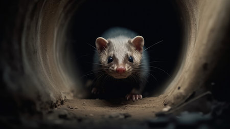 A close up shot of a rat in a tunnel on a dark backgroundの素材