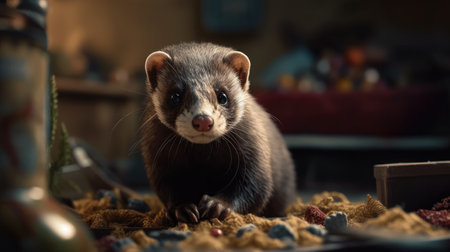 Ferret portrait on a carpet in a room. Selective focus.の素材