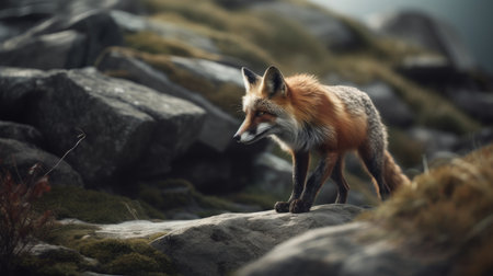 Red fox (Vulpes vulpes) standing on a rockの素材