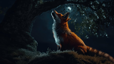 Red fox in the forest at night with full moon. 3d renderingの素材