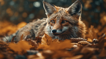 Portrait of a red fox (Vulpes vulpes) in autumn leaves.の素材