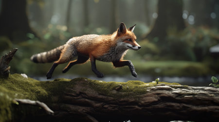 Red fox, Vulpes vulpes, jumping on mossy logの素材