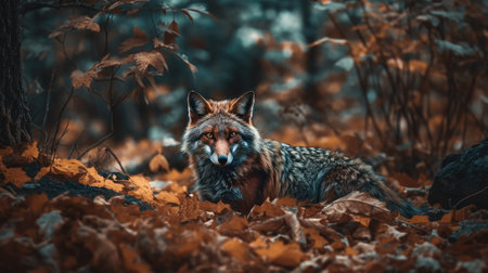 Red fox in the autumn forest. Beautiful red fox portrait in the forest.の素材