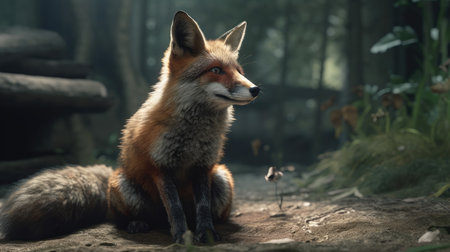 red fox sitting on the ground in the forest, looking at cameraの素材