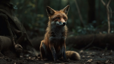 Red fox sitting on the ground in the forest. Wild animal.の素材