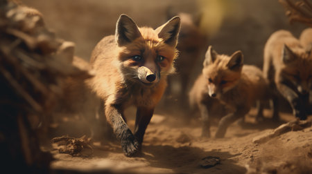 Red fox playing in the sand. Close-up portrait of a wild animal.の素材