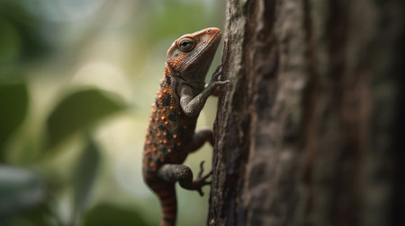 A chameleon is climbing up a tree in the forest.の素材