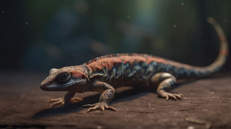 Close up of a lizard on a wooden floor with blurred background.の素材