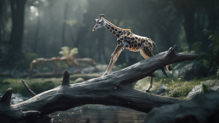 Giraffe on a log in the rainforest. Wildlife scene from Africa.の素材
