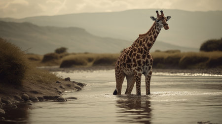 Giraffe drinking water in the Etosha National Park, Namibiaの素材