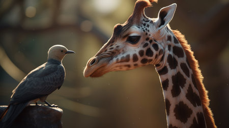 Giraffe and pigeon in the zoo. Wildlife scene from nature.の素材