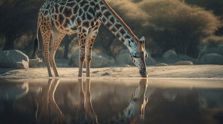Giraffe drinking water at a waterhole in Kruger Park, South Africaの素材