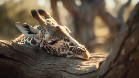 Close up of a giraffe lying on a tree in the wildの素材