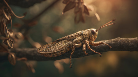 Close up of grasshopper on a branch in the forest.の素材