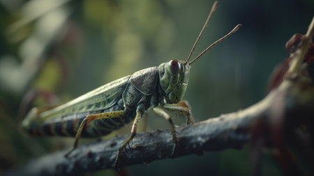 Close up of grasshopper on a branch in the garden.の素材