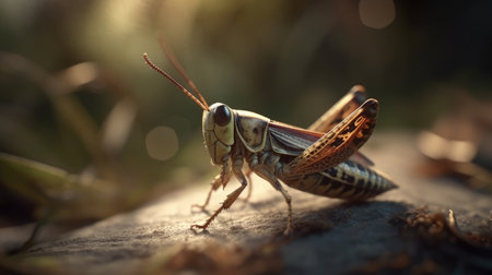 Grasshopper on the ground at sunset. Close-upの素材