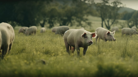 A herd of pigs grazing in a meadow in the countryside.の素材